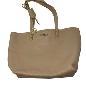 BCBG Paris Beige Pebbled Faux Leather Tote Bag Gold Turnlock & Padlock